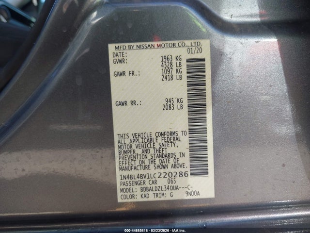 Продажа на аукционе авто 2020 Nissan Altima S Fwd, vin: 1N4BL4BV1LC220286, номер лота: 44685816