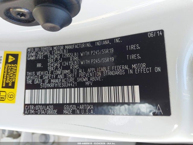 5TDYKRFH1ES034421 Toyota Highlander Limited Platinum V6
