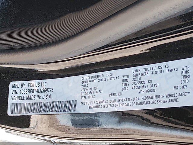 44685820 :رقم المزاد ، 1C6SRFBT4LN369726 vin ، 2020 Ram 1500 Big Horn  4x4 6'4 Box مزاد بيع
