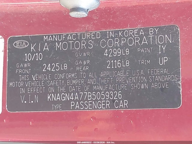44685832 :رقم المزاد ، KNAGN4A77B5059326 vin ، 2011 Kia Optima Ex مزاد بيع