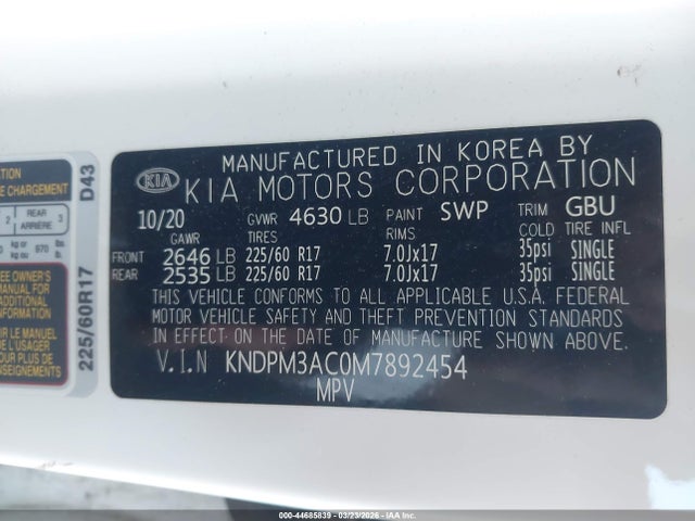 KNDPM3AC0M7892454 KIA Sportage Lx