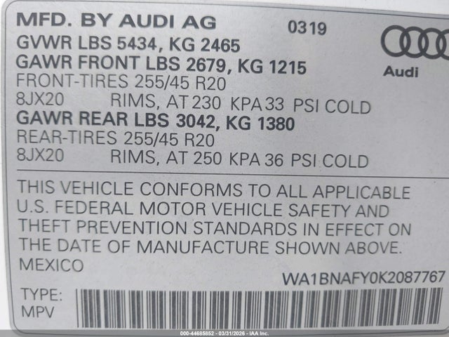 WA1BNAFY0K2087767 Audi Q5 45 Premium