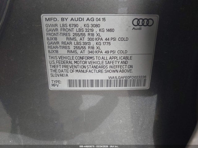 Продаж на аукціоні авто 2015 Audi Q7 3.0t Premium, vin: WA1LGAFE0FD023226, номер лоту: 44685875