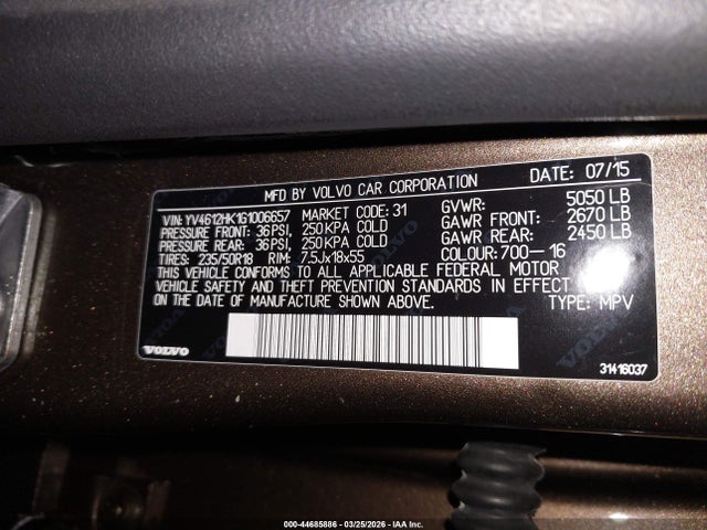 44685886 :رقم المزاد ، YV4612HK1G1006657 vin ، 2016 Volvo V60 Cross Country T5 مزاد بيع