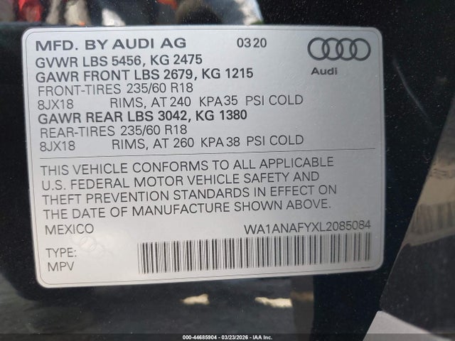 Продажа на аукционе авто 2020 Audi Q5 Premium 45 Tfsi Quattro S Tronic, vin: WA1ANAFYXL2085084, номер лота: 44685904
