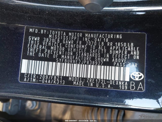 Toyota COROLLA LE 2018 5YFBURHE2JP838927 Image 9