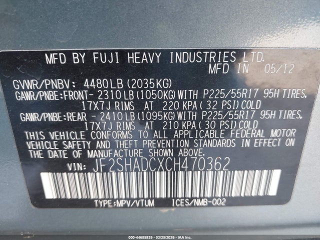 44685939 :رقم المزاد ، JF2SHADCXCH470362 vin ، 2012 Subaru Forester 2.5x Premium مزاد بيع