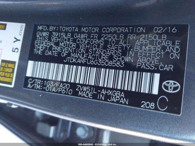JTDKARFU6G3508583 Toyota Prius Three