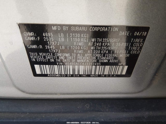 2018 Subaru Outback 2.5i Premium მანქანა იყიდება აუქციონზე, vin: 4S4BSACC4J3353495, აუქციონის ნომერი: 44685984