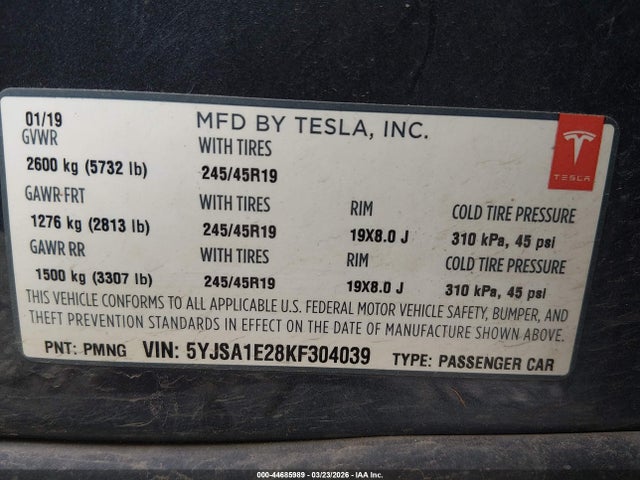 Продаж на аукціоні авто 2019 Tesla Model S 100d/75d/long Range/standard Range, vin: 5YJSA1E28KF304039, номер лоту: 44685989
