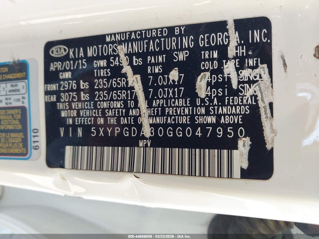 KIA Sorento 2.4l Lx 2016 5XYPGDA30GG047950 Image 9