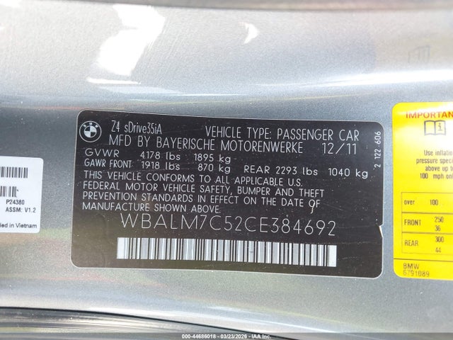 Продаж на аукціоні авто 2012 Bmw Z4 Sdrive35i, vin: WBALM7C52CE384692, номер лоту: 44686018