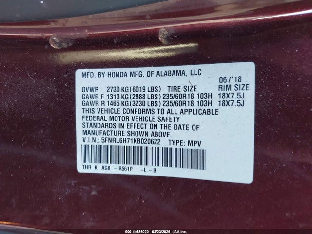 5FNRL6H71KB020622 Honda Odyssey Ex-l
