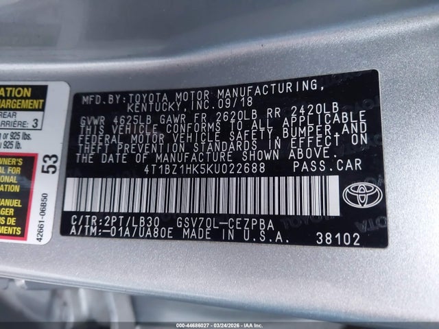 4T1BZ1HK5KU022688 Toyota Camry Xse V6