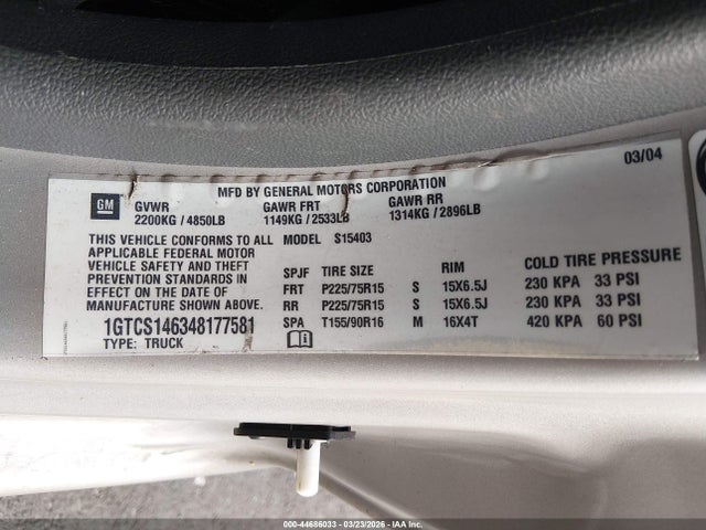 44686033 :رقم المزاد ، 1GTCS146348177581 vin ، 2004 Gmc Canyon Sle مزاد بيع