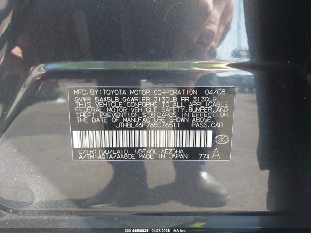Продаж на аукціоні авто 2008 Lexus Ls 460, vin: JTHBL46F785076511, номер лоту: 44686034