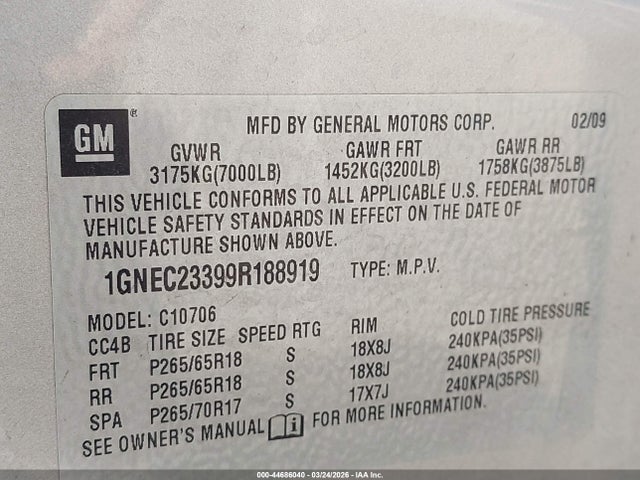 Aukcja sprzedaży 2009 Chevrolet Tahoe Lt2, vin: 1GNEC23399R188919, numer aukcji: 44686040