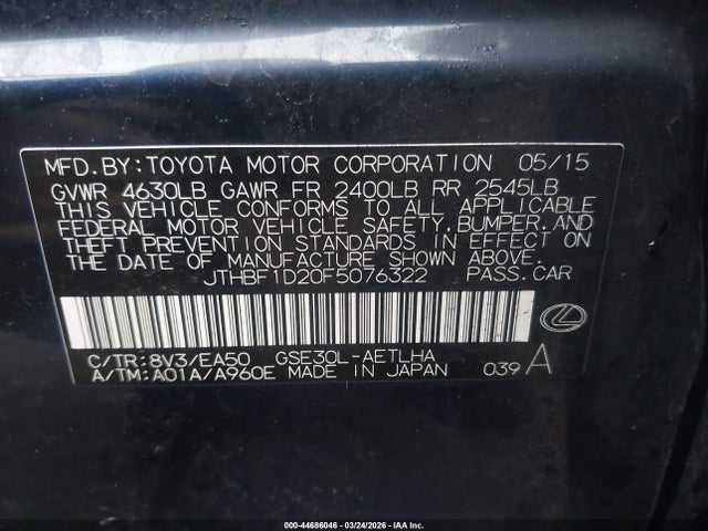 44686046 :رقم المزاد ، JTHBF1D20F5076322 vin ، 2015 Lexus Is 250 مزاد بيع