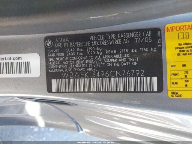 44686047 :رقم المزاد ، WBAEK13496CN76792 vin ، 2006 Bmw 650i مزاد بيع