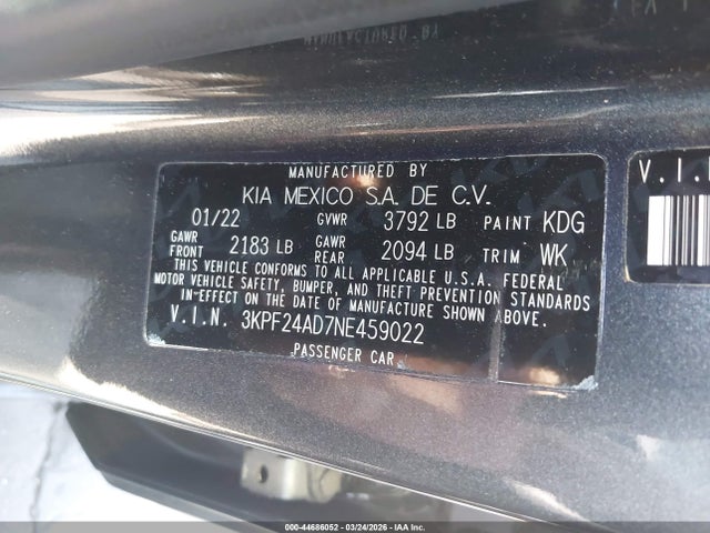 Aukcja sprzedaży 2022 Kia Forte Lxs, vin: 3KPF24AD7NE459022, numer aukcji: 44686052