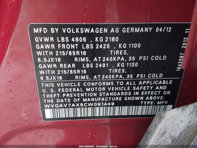 Продаж на аукціоні авто 2012 Volkswagen Tiguan S, vin: WVGAV7AX5CW091449, номер лоту: 44686055