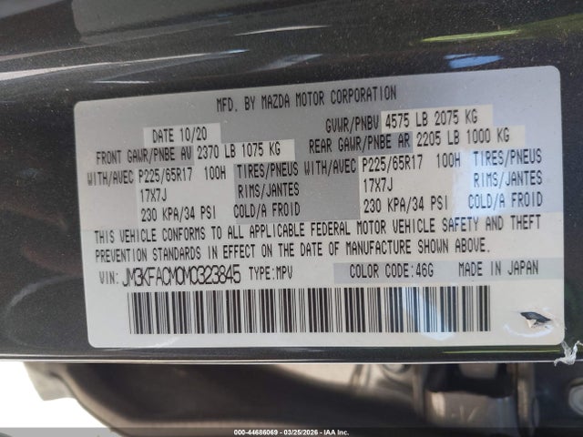 Aukcja sprzedaży 2021 Mazda Cx-5 Touring, vin: JM3KFACM0M0323845, numer aukcji: 44686069