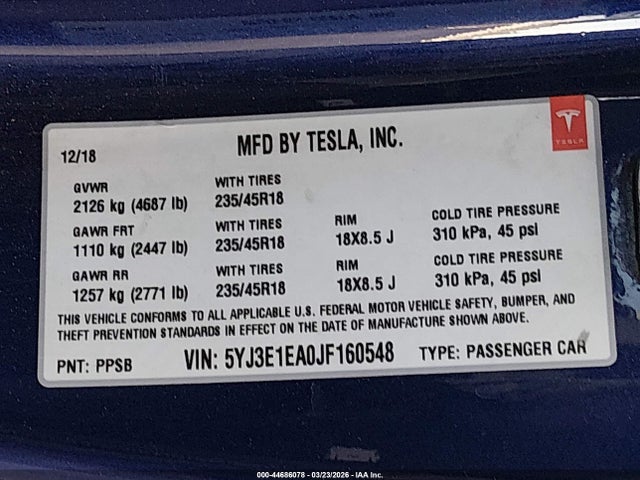 Продаж на аукціоні авто 2018 Tesla Model 3 Long Range/mid Range, vin: 5YJ3E1EA0JF160548, номер лоту: 44686078