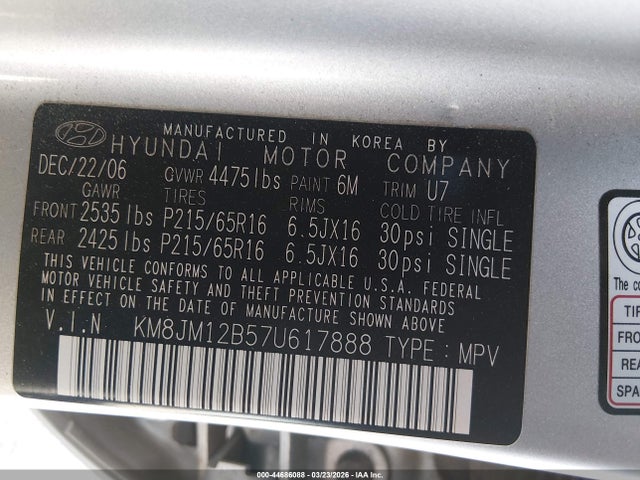 2007 HYUNDAI TUCSON KM8JM12B57U617888 Photo 8