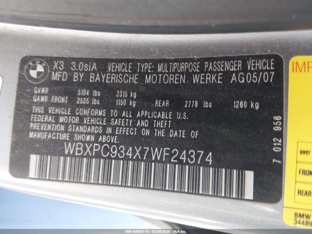 2007 BMW X3 WBXPC934X7WF24374 Photo 8
