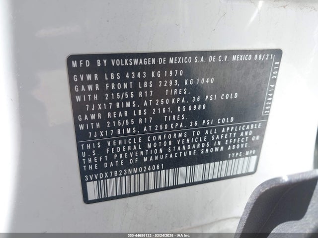 Продаж на аукціоні авто 2022 Volkswagen Taos 1.5t S, vin: 3VVDX7B23NM024061, номер лоту: 44686123