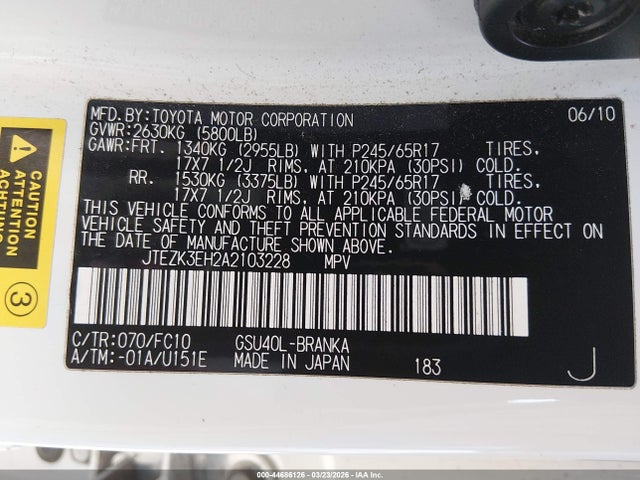 Продажа на аукционе авто 2010 Toyota Highlander Base V6, vin: JTEZK3EH2A2103228, номер лота: 44686126