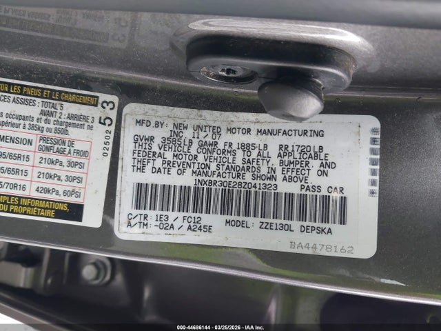 2008 Toyota Corolla S მანქანა იყიდება აუქციონზე, vin: 1NXBR30E28Z041323, აუქციონის ნომერი: 44686144