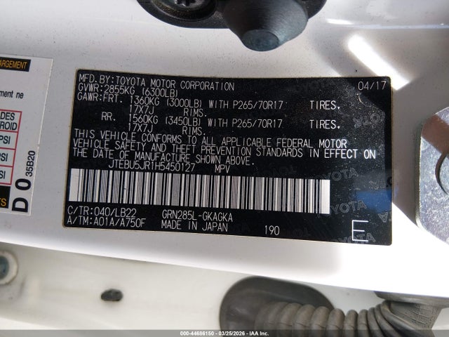 44686150 :رقم المزاد ، JTEBU5JR1H5450127 vin ، 2017 Toyota 4runner مزاد بيع