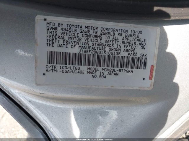 Aukcja sprzedaży 2001 Lexus Es 300, vin: JT8BF28G315108135, numer aukcji: 44686160