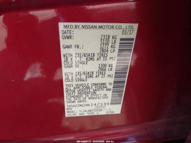 5N1AZ2MG2HN147539 Nissan MURANO SL