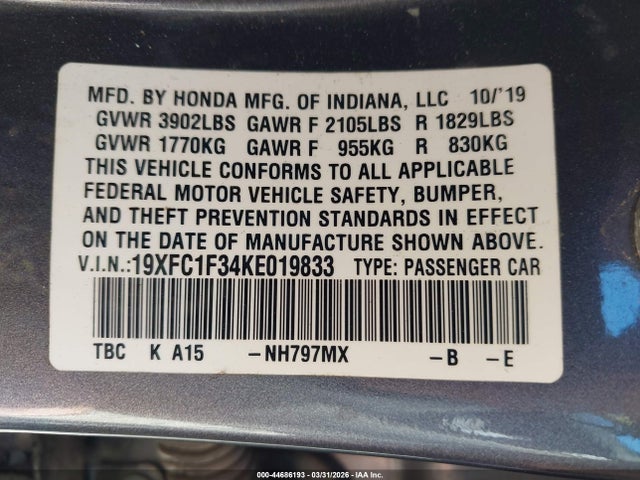 Honda CIVIC EX 2019 19XFC1F34KE019833 Image 9