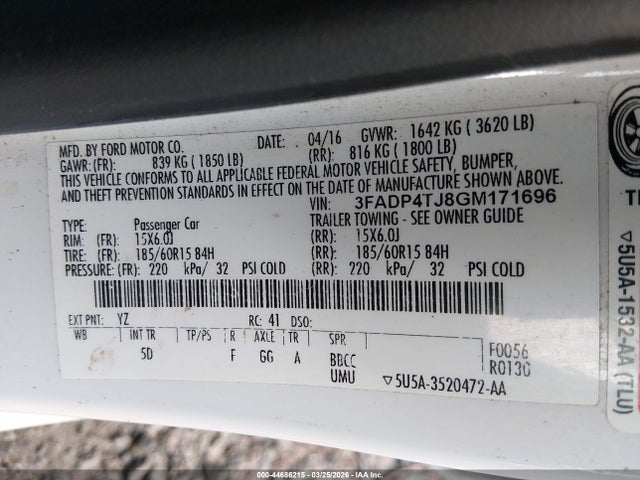 3FADP4TJ8GM171696 Ford FIESTA S