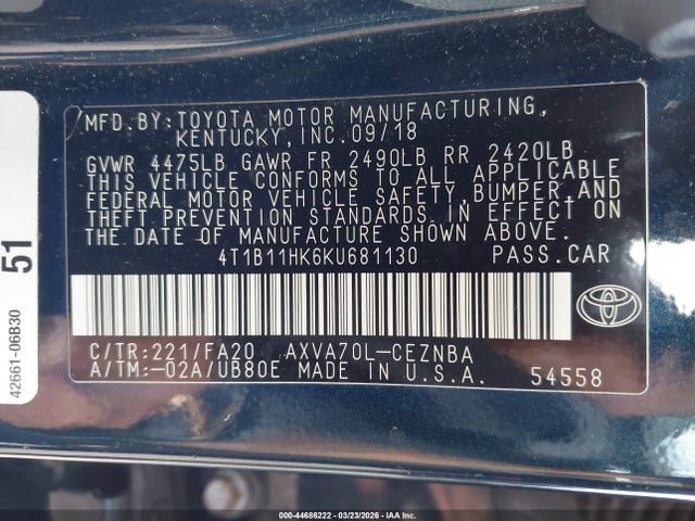 Aukcja sprzedaży 2019 Toyota Camry Le, vin: 4T1B11HK6KU681130, numer aukcji: 44686222
