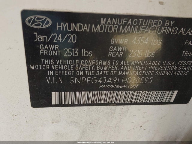 Aukcja sprzedaży 2020 Hyundai Sonata Se, vin: 5NPEG4JA9LH028595, numer aukcji: 44686225