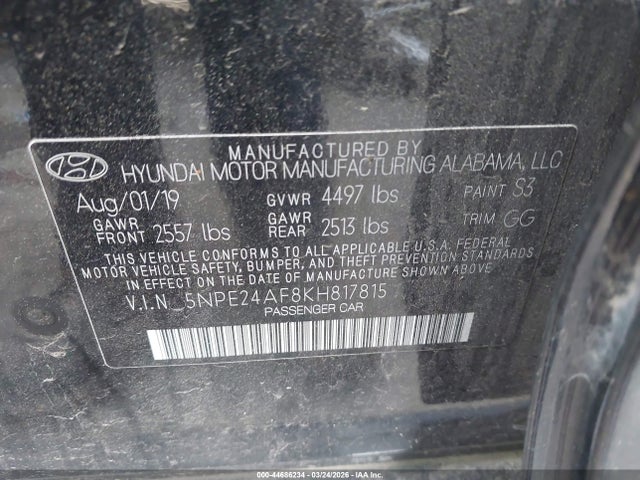 2019 Hyundai Sonata Se მანქანა იყიდება აუქციონზე, vin: 5NPE24AF8KH817815, აუქციონის ნომერი: 44686234