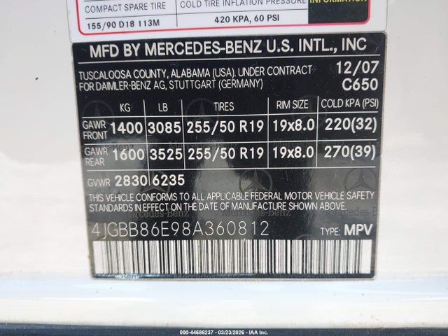 44686237 :رقم المزاد ، 4JGBB86E98A360812 vin ، 2008 Mercedes-benz Ml 350 4matic مزاد بيع
