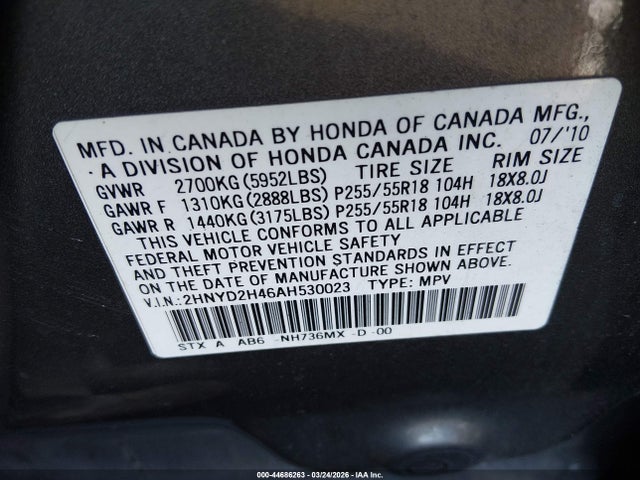 2010 Acura Mdx Technology Package მანქანა იყიდება აუქციონზე, vin: 2HNYD2H46AH530023, აუქციონის ნომერი: 44686263