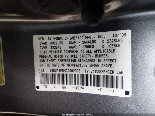 2010 Acura Tl 3.7 მანქანა იყიდება აუქციონზე, vin: 19UUA9F5XAA002096, აუქციონის ნომერი: 44686271