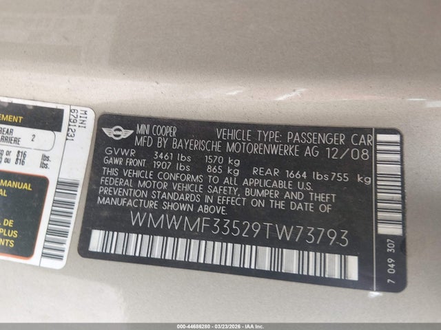 2009 MINI COOPER WMWMF33529TW73793 Photo 8