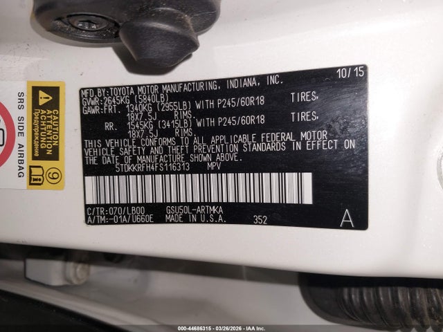 5TDKKRFH4FS116313 Toyota Highlander Xle V6
