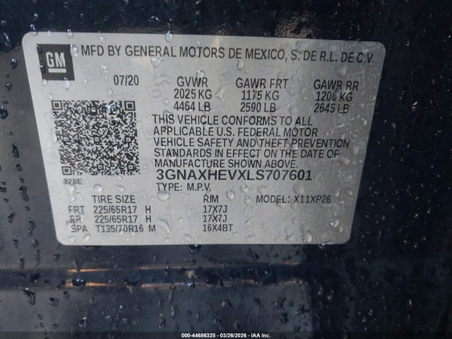 2020 Chevrolet Equinox Fwd Ls მანქანა იყიდება აუქციონზე, vin: 3GNAXHEVXLS707601, აუქციონის ნომერი: 44686325