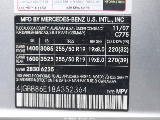 Aukcja sprzedaży 2008 Mercedes-benz Ml 350 4matic, vin: 4JGBB86E18A352364, numer aukcji: 44686326
