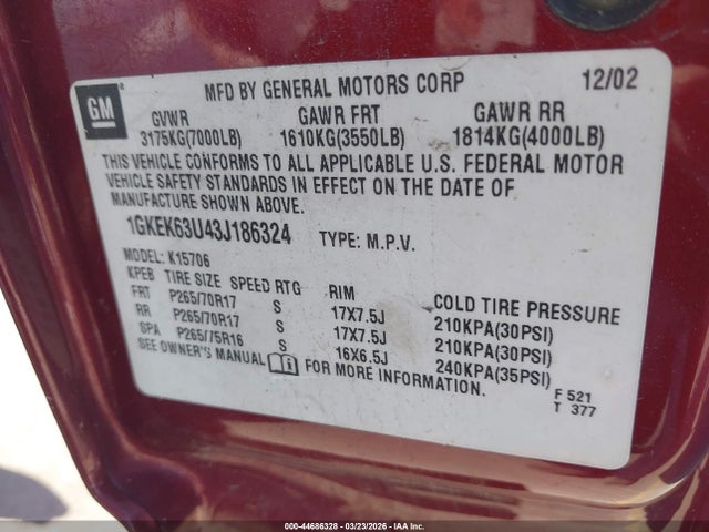 2003 Gmc Yukon Denali მანქანა იყიდება აუქციონზე, vin: 1GKEK63U43J186324, აუქციონის ნომერი: 44686328