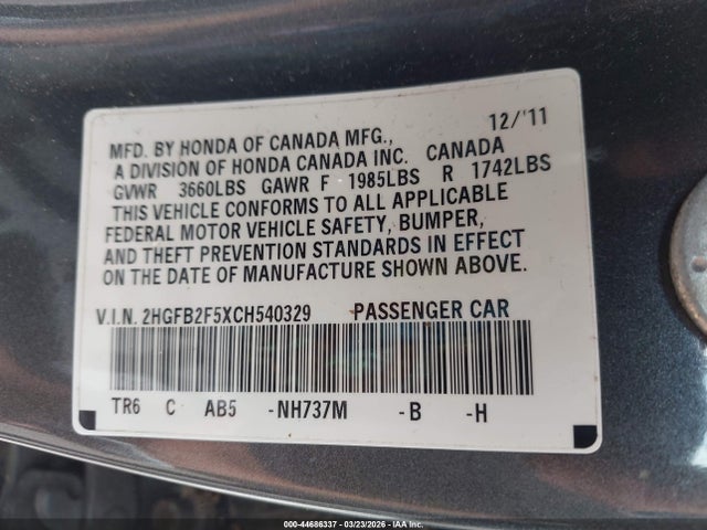 Aukcja sprzedaży 2012 Honda Civic Lx, vin: 2HGFB2F5XCH540329, numer aukcji: 44686337