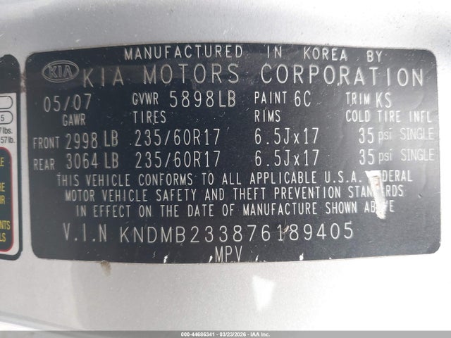 44686341 :رقم المزاد ، KNDMB233876189405 vin ، 2007 Kia Sedona Ex مزاد بيع
